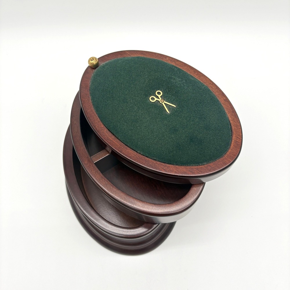 Vintage Wood Swivel Sewing Box Pincushion Dark Academia Mahogany 3-Tier Oval 90s